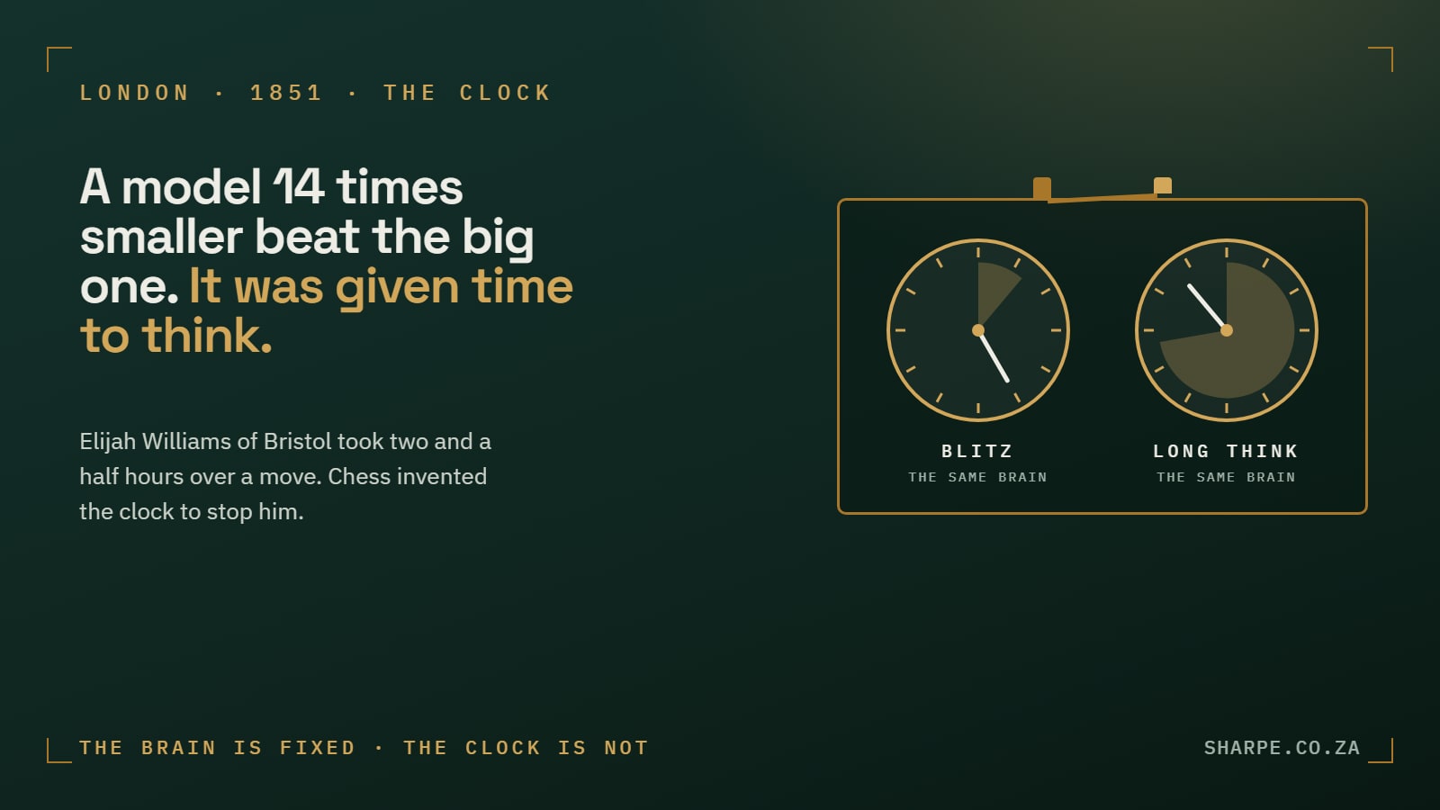 A brass chess clock with two dials labelled blitz and long think, each marked the same brain, with different amounts of time shaded on each face.