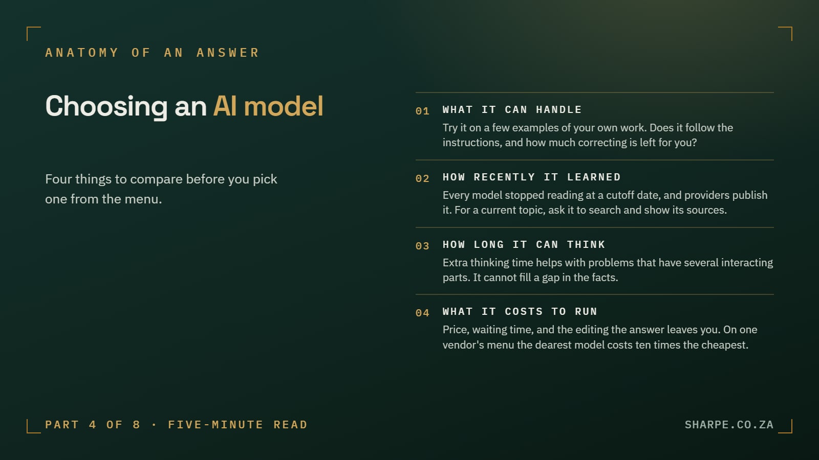 A card headed Choosing an AI model, listing four things to compare: what it can handle, how recently it learned, how long it can think, and what it costs to run, each with a one-sentence explanation.