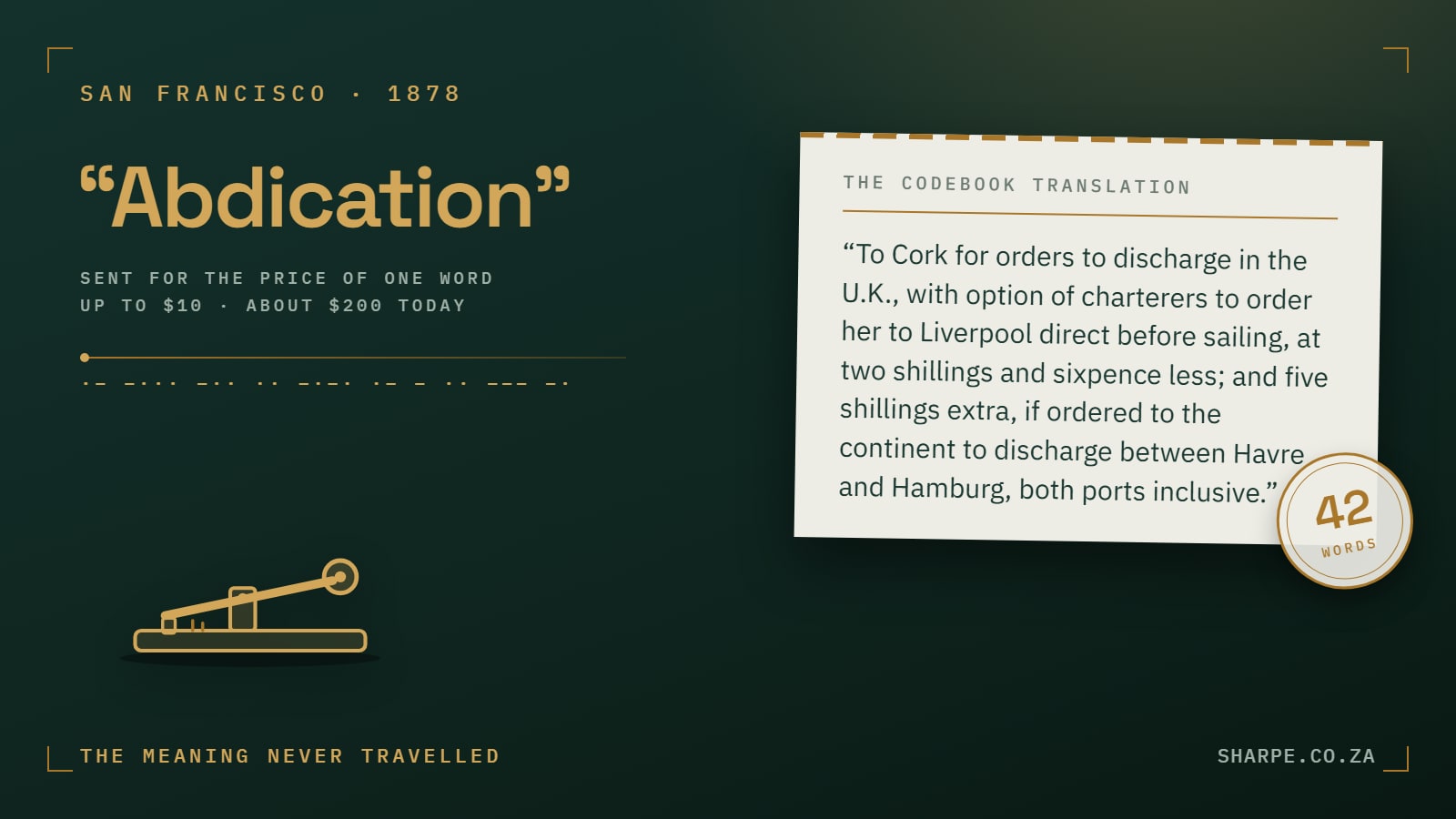 The code word Abdication expanding into the forty-two-word sailing instruction it stood for in the 1878 codebook.