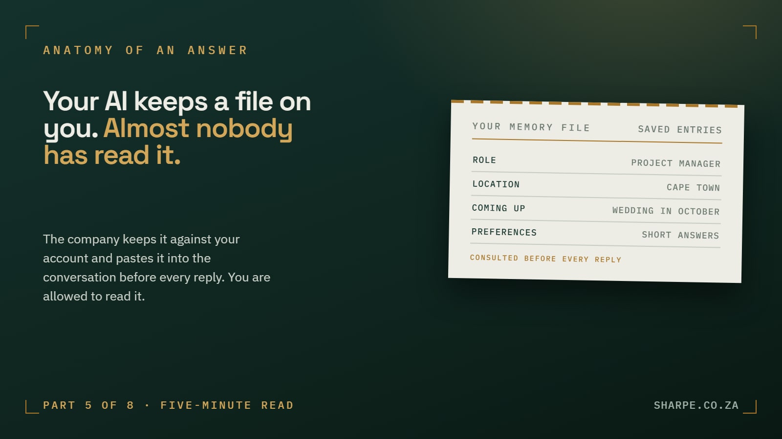 A memory file with four saved entries: role, project manager; location, Cape Town; coming up, wedding in October; preferences, short answers. It is marked consulted before every reply.